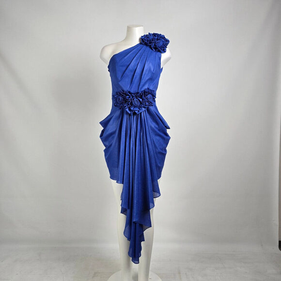 Vintage Dresses & Skirts - Vintage 80s Lalana House Couture One Shoulder Blue Rosette Cocktail Dress Sz S